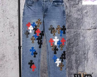 Y2K Cross Patch Jeans | Baggy Streetwear Denim Pants | Unisex Trendy Pants