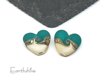 Pair of teal and ivory wave heart beads | handmade lampwork glass  | Earring pair.