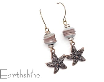 SALE Antique brass starfish and lampwork glass earrings