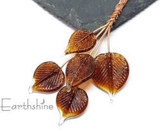 5 small amber leaf headpins | Handmade lampwork glass | autumn leaves