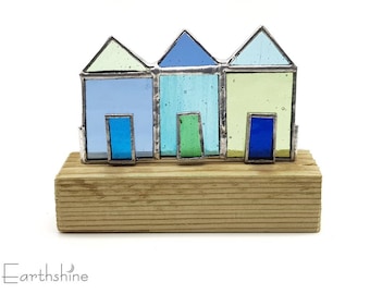 SALE Stained glass beach huts on wood | Copper foil | Tiffany style