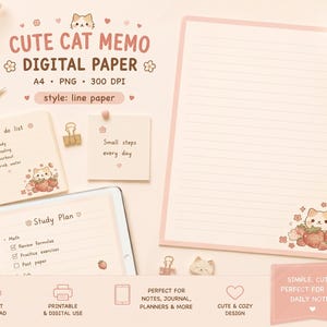 Peut inclure: Ensemble de papier numérique avec un design de chat et de fraises. Comprend du papier ligné, un bloc-notes avec une liste de tâches, un post-it et une tablette avec un plan d'étude. Le texte indique "Cute Cat Memo Digital Paper".