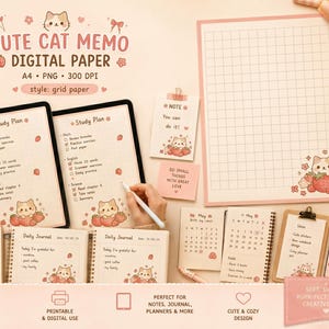 May include: A collection of digital paper products with a cute cat and strawberry theme. Includes study plans, daily journals, calendars, and notepads. The design is soft pink with grid paper and decorative elements.