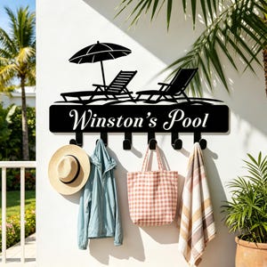Personalized Pool Metal Towel Hook, Custom Name Poolside Wall Hook, Pool House Decor, Gift for Pool Owner,