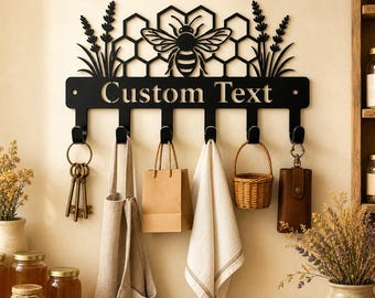 Custom Bee Honeycomb Metal Wall Hook，Personalized Lavender Hook Rack ，Entryway Wall Decor，Bee Lover  Gift