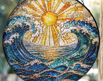Ocean Wave Sunrise Stained Glass Suncatcher, Coastal Window Hanging Decor, Blue Sea Wave Sun Catchers, Nautical Beach Ornament Gift