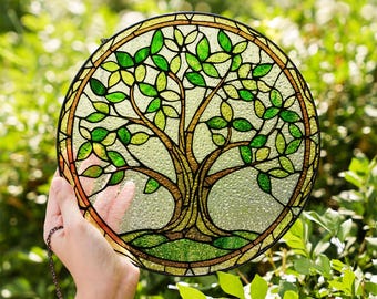 Tronco de árbol marrón con hojas verdes, atrapasol para ventana, decoración colgante, atrapasol de vidrio colorido, regalo para amantes de la naturaleza.