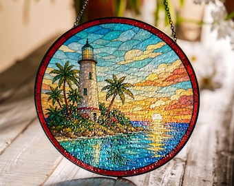 Atrapasueños de vidrieras con forma de faro tropical, adorno para ventana con puesta de sol en una isla costera, regalo decorativo de atrapasueños con forma de paraíso oceánico