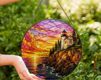 Lighthouse National Park Sunset Stained Glass Suncatcher, Coastal Cliff Window Hanging, Colorful Ocean Seascape Sun Catcher Decor Gift