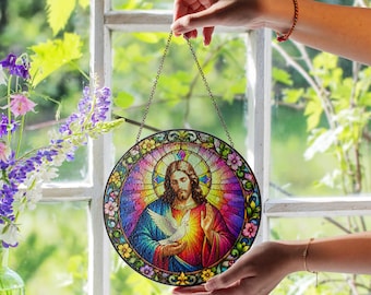 Atrapasueños de paloma de Jesús estilo vidriera, decoración cristiana para ventana, regalo religioso del Espíritu Santo, arte mural de fe para el hogar