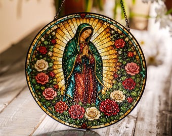 Atrapasueños de Nuestra Señora de Guadalupe estilo vitral, decoración colgante para ventana de la Virgen María, regalo religioso católico para el hogar.