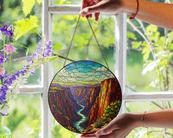 Atrapasueños de vidrieras del Parque Nacional Black Canyon of the Gunnison, paisaje de cañón y río para colgar en la ventana, regalo de decoración de vidrio inspirado en la naturaleza