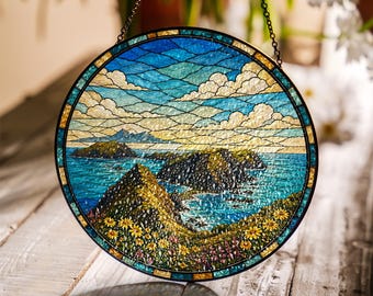 Atrapasueños de vidrieras del Parque Nacional de las Islas del Canal, paisaje costero, acantilados oceánicos, adorno para ventana, regalo para amantes de la naturaleza