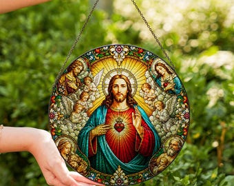 Atrapasueños de vidrieras del Sagrado Corazón de Jesús, decoración cristiana para ventana con María, José, ángeles y la Sagrada Familia.