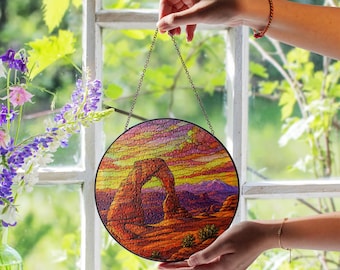 Desert Arch National Park Stained Glass Suncatcher, Southwest Canyon Window Hanging, Colorful Rock Formation Sun Catcher Home Decor Gift