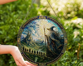 Atrapasueños de vidrieras de Gandalf de El Señor de los Anillos, adorno de ventana de mago fantástico, decoración de arte en vidrio inspirada en Tolkien, regalo de LOTR