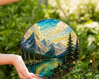 Atrapasueños de vidrieras del Parque Nacional Banff Mountain Lake, adorno colgante para ventana con paisaje alpino, decoración de naturaleza de las Montañas Rocosas. Regalo ideal.
