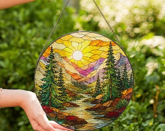 Atrapasueños de río de montaña estilo vidriera para colgar en la ventana, decoración de paisaje de bosque al amanecer, regalo para amantes de la naturaleza para el hogar.