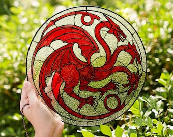 House Targaryen Dragon Stained Glass Suncatcher, Red Three Headed Dragon Window Hanging Decor, Fantasy Fire and Blood Wall Art Gift