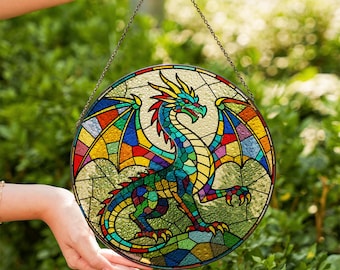 Atrapasueños de vidrieras con forma de dragón, decoración colgante de ventana de fantasía, atrapasueños de dragón mítico colorido, regalo de arte gótico en vidrio