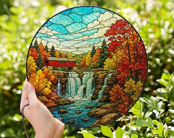Atrapasueños de vidrieras del Parque Nacional del Valle de Cuyahoga, colgante para ventana con cascada y puente cubierto, decoración artística de vidrio con temática de bosque otoñal. Regalo ideal.