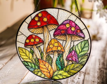 Colorful Mushroom Stained Glass Suncatcher, Whimsical Forest Window Hanging, Fantasy Botanical Glass Art, Nature Lover Gift