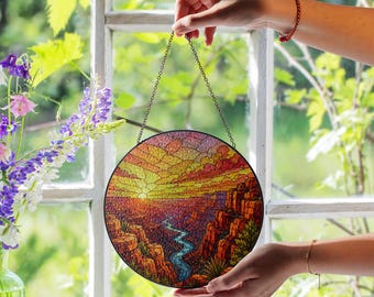 Atrapasueños de vidrieras con diseño de puesta de sol en el Gran Cañón, adorno para ventana con diseño de cañón del desierto, arte en vidrio con paisaje del suroeste, regalo para amantes de la naturaleza.