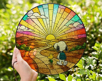 Atrapasueños de atardecer de dibujos animados para colgar en la ventana, decoración artística de vidrieras coloridas, regalo para enamorados.