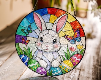 Atrapasueños de conejito de Pascua estilo vidriera, linda decoración colgante de conejo para ventana, colorido huevo de Pascua, regalo de primavera para el hogar