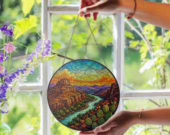 Atrapasueños de vidrieras del Parque Nacional Big Bend Canyon, paisaje de río desértico para colgar en la ventana, decoración de naturaleza del suroeste