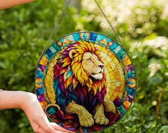Atrapasueños de león colorido estilo vidriera, majestuosa decoración colgante para ventana con forma de león, regalo de arte de la vida silvestre, decoración para el hogar con animales de safari.