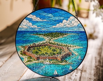 Dry Tortugas National Park Stained Glass Suncatcher, Fort Jefferson Coastal Window Hanging, Tropical Ocean Landscape Glass Art Decor Gift