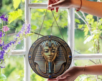 Atrapasueños de vidrieras de faraón egipcio, decoración colgante para ventana del antiguo Egipto con arte mural de templo jeroglífico azul y dorado. Regalo ideal.