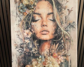 Ritratto di donna in resina di lusso / Opera d'arte da parete in resina epossidica / Opera d'arte con fiori di cristallo / Arredamento d'interni moderno e glamour / Regalo artistico esclusivo fatto a mano