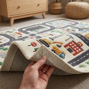 May include: A cream-colored area rug featuring a printed city map with gray roads, green trees, and colorful buildings. The design includes construction vehicles like excavators and dump trucks, plus a red stop sign. The rug has a textured backing.