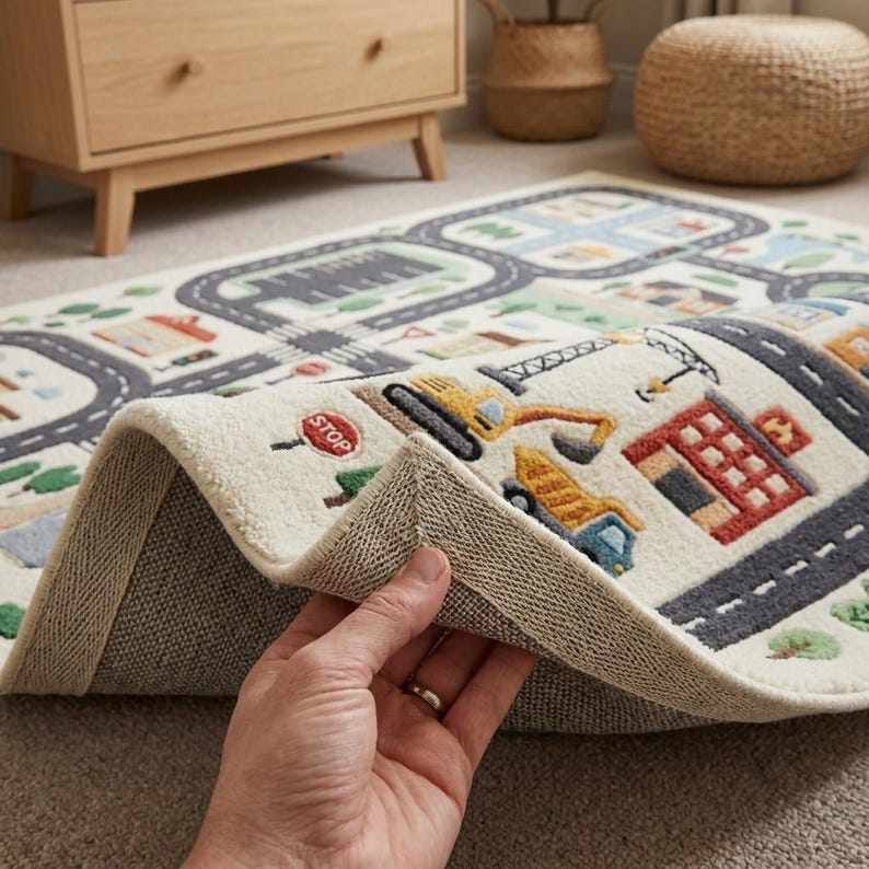 May include: A cream-colored area rug featuring a printed city map with gray roads, green trees, and colorful buildings. The design includes construction vehicles like excavators and dump trucks, plus a red stop sign. The rug has a textured backing.