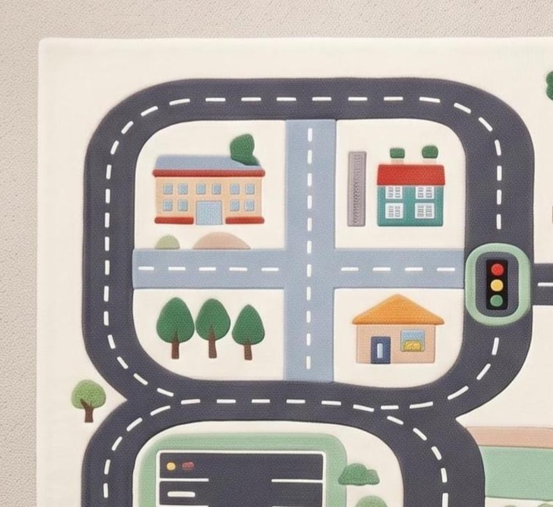 May include: A rectangular play mat featuring a white background with a dark gray road loop, light blue intersecting streets, green trees, a red-roofed house, a blue-roofed building, and a traffic light with red, yellow, and green circular lights.
