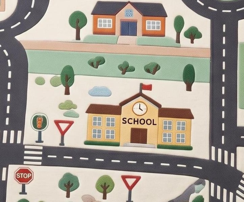 May include: A play mat featuring a town scene with dark gray roads, white lane markings, and green trees. A yellow building labeled SCHOOL with a clock and red flag sits alongside a brown house. Traffic signs include a red STOP sign and yield signs.