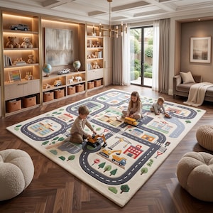 May include: A large rectangular area rug featuring a colorful city map design with roads, buildings, and vehicles. The rug displays illustrations of schools, houses, and construction sites, providing a play surface for children.