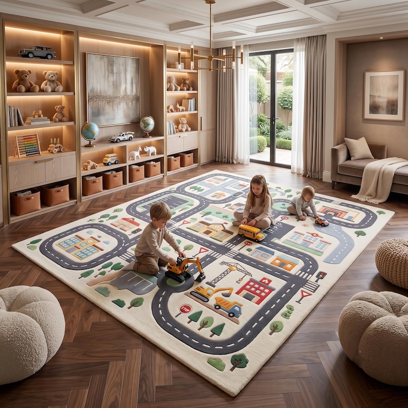 May include: A large rectangular area rug featuring a colorful city map design with roads, buildings, and vehicles. The rug displays illustrations of schools, houses, and construction sites, providing a play surface for children.