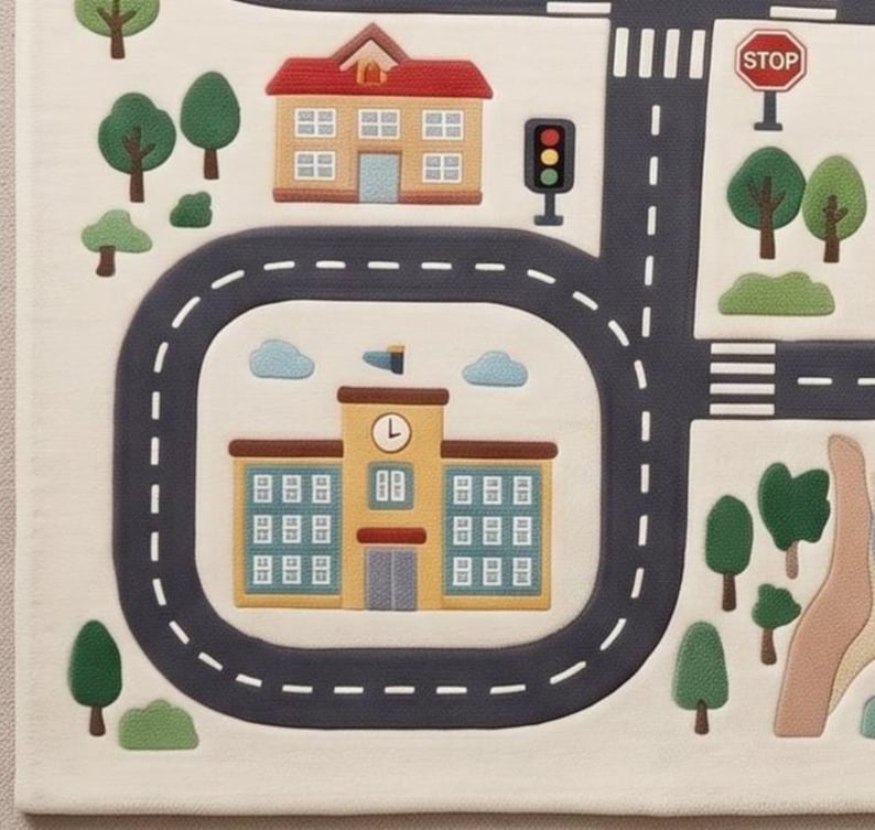 May include: A cream-colored play rug featuring a printed city map with dark gray roads, white dashed lane markings, and a red stop sign. The design includes a yellow school building with a clock, a tan house with a red roof, green trees, and bushes.