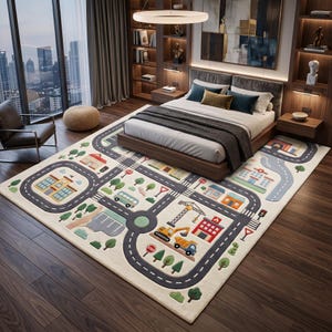 May include: A rectangular area rug featuring a colorful city map design with gray roads, green trees, and various buildings including a school, hospital, and fire station. The rug includes construction vehicles like a crane and dump truck.