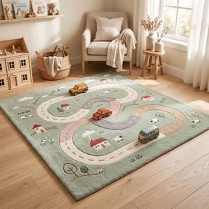 May include: A sage green area rug featuring a winding road pattern with multi-colored sections, small houses, trees, and sheep. The rug includes three toy vehicles placed on the road surface, creating a play scene with a soft, textured pile.