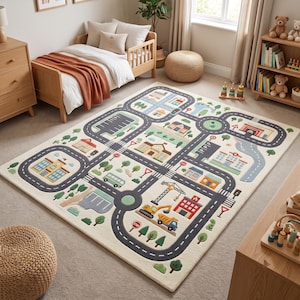 May include: A rectangular area rug featuring a colorful city map design with roads, buildings, trees, and construction vehicles. The cream-colored background includes illustrations of a school, hospital, and various traffic signs printed on the surface.