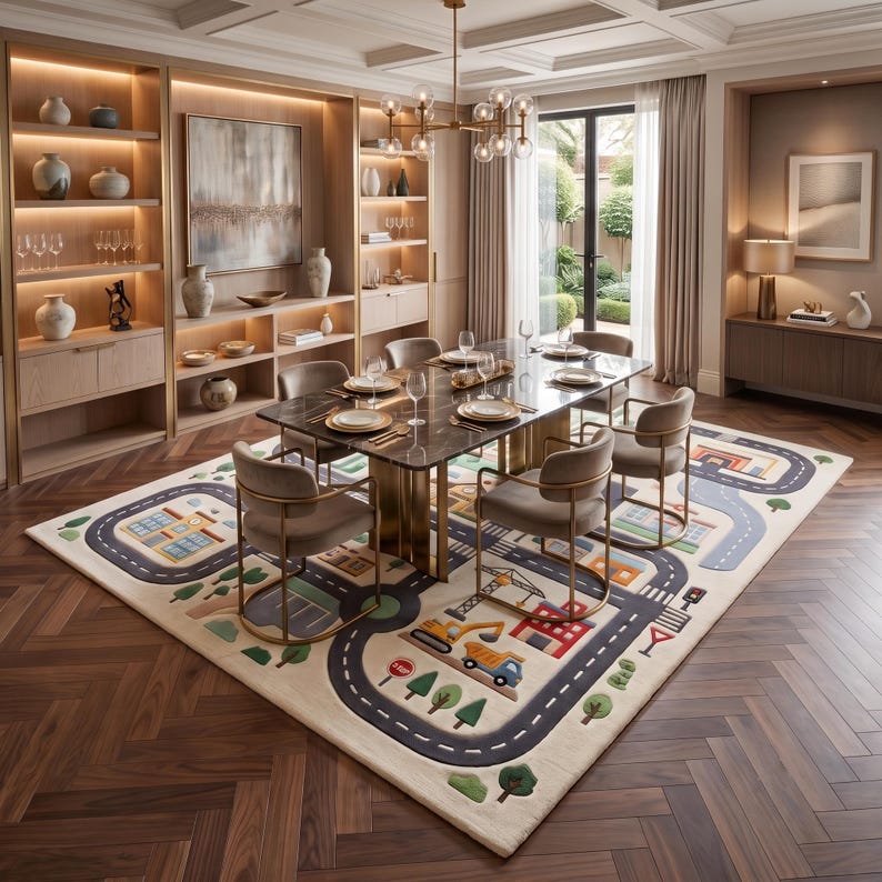 May include: A large rectangular area rug featuring a colorful city street map design with roads, buildings, construction vehicles, and trees. The rug is placed under a dark marble dining table with six upholstered chairs in a dining room.