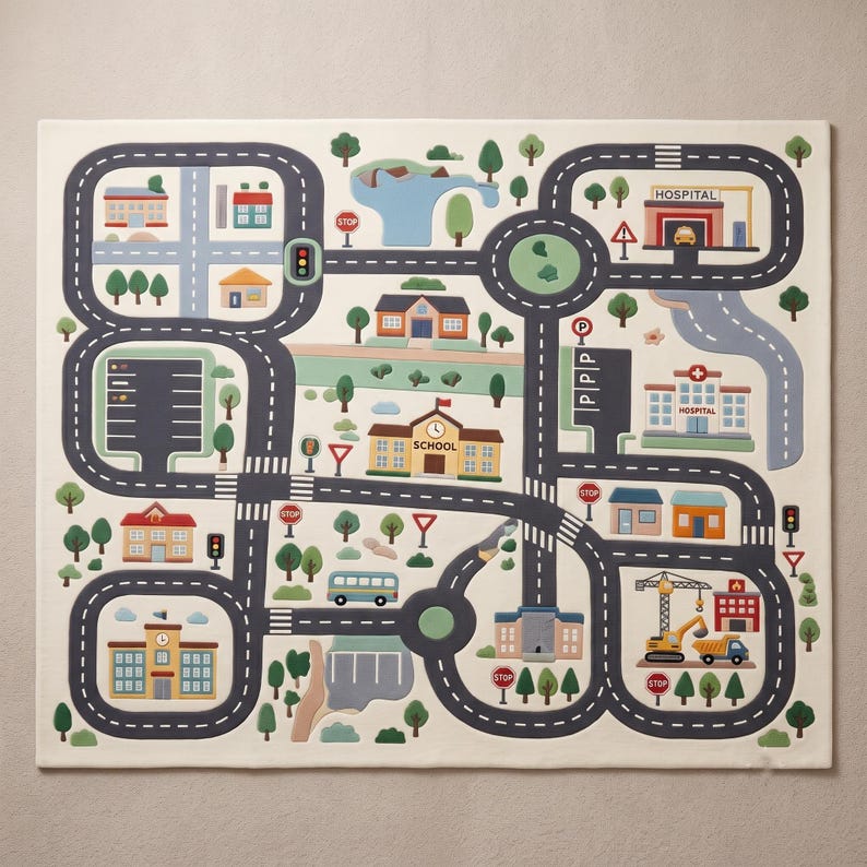 May include: A rectangular play rug featuring a printed city map with dark gray roads, traffic lights, and various buildings including a school, hospital, and fire station. The design includes green trees, blue water features, and stop signs on a cream background.