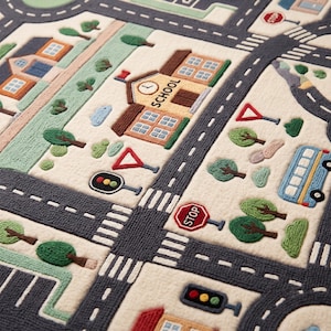 May include: A textured play rug featuring a detailed town map with dark gray roads, white lane markings, and green patches. The design includes a school building labeled SCHOOL, a blue bus, traffic lights, and red and white road signs.