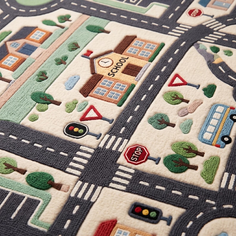 May include: A textured play rug featuring a detailed town map with dark gray roads, white lane markings, and green patches. The design includes a school building labeled SCHOOL, a blue bus, traffic lights, and red and white road signs.