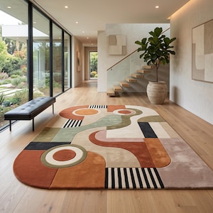 Het Terra Rhythm handgetufte tapijt, het Desert Bauhaus geometrische tapijt, het Sculptural Flow vloerkleed, het Retro Oasis abstracte tapijt, het organische onregelmatige tapijt.