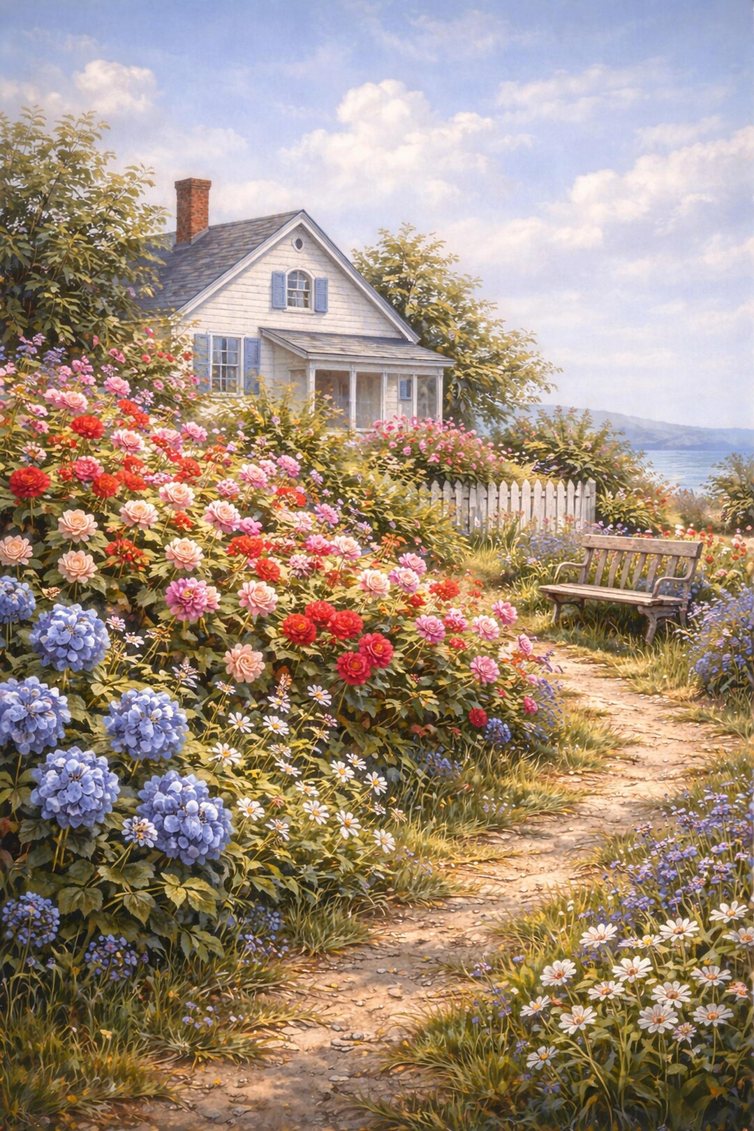 Vintage Coastal Cottage Garden Art Print, Floral Landscape, Cottagecore ...